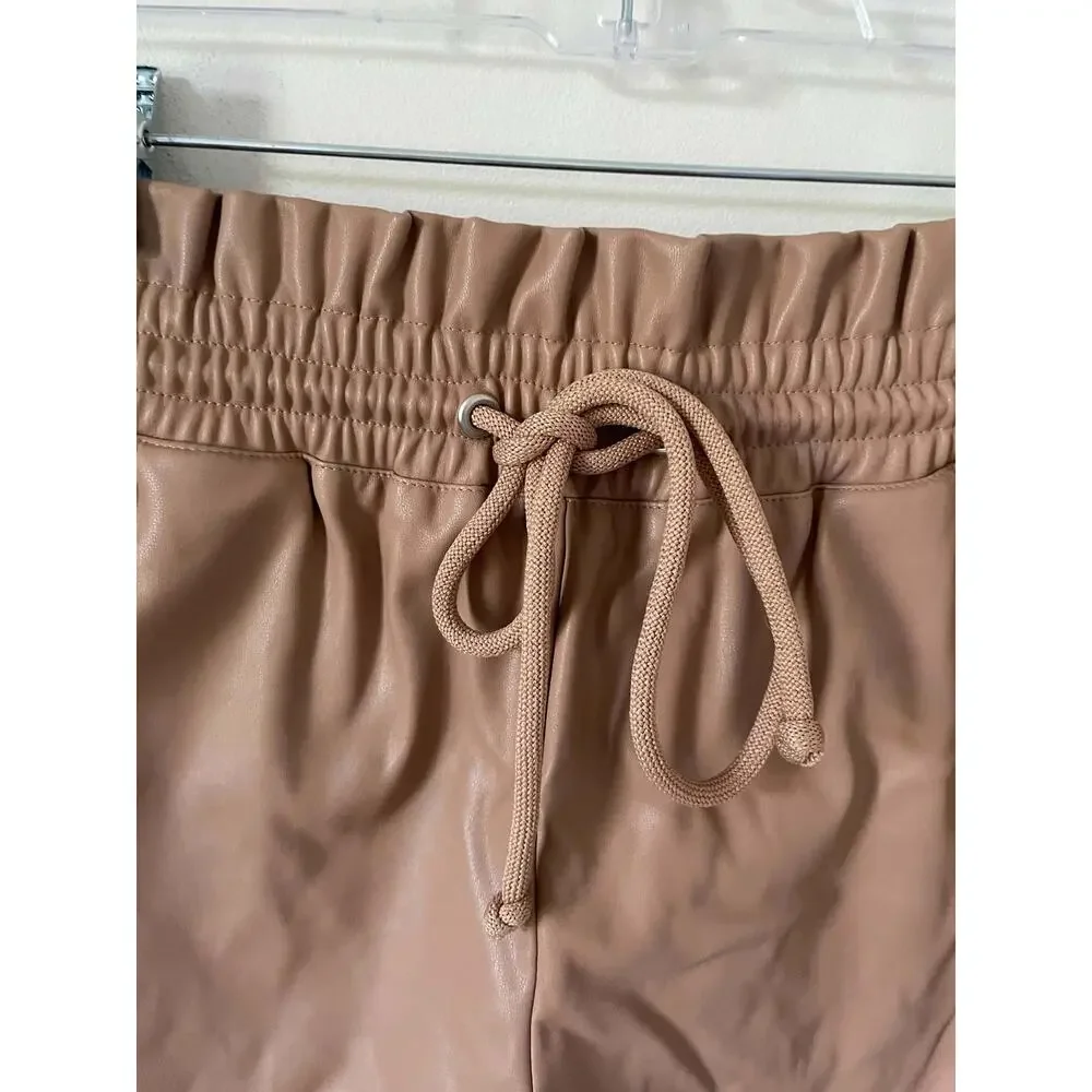 Olivaceous Faux Vegan Leather Elastic Waist Shorts Tan Size Medium NEW